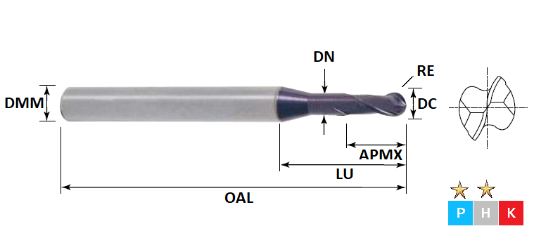 0.8mm 2 Flute (6mm Effective Length) Ball Nose Rib Processing Pulsar Carbide Slot Drill